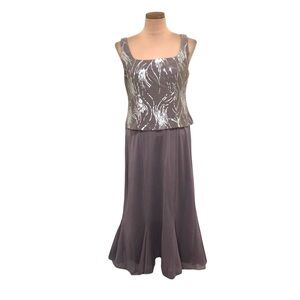 NWT Alex Evenings Midi Tea Length Dress Size 8 Taupe Silver Sequin